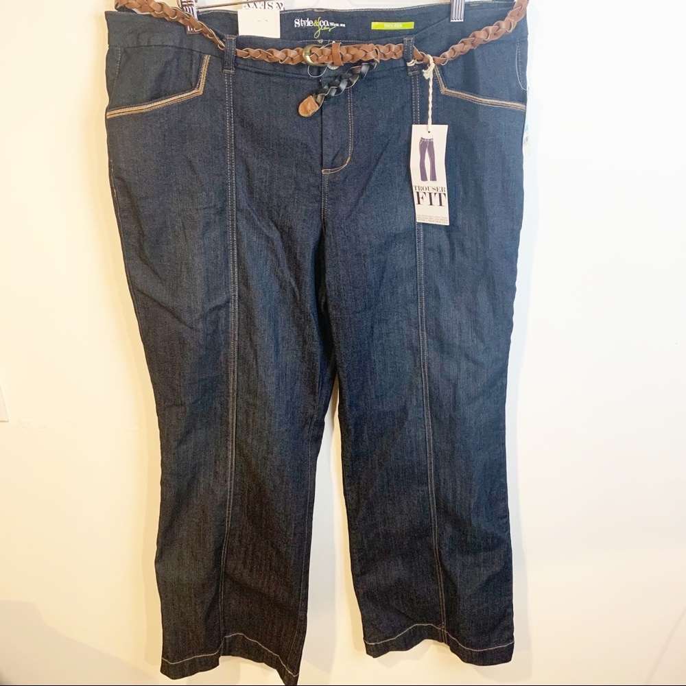 Style‎ & Co Dark Wash Plus Size 20W Belted Flare Leg Trouser Jean New NWT